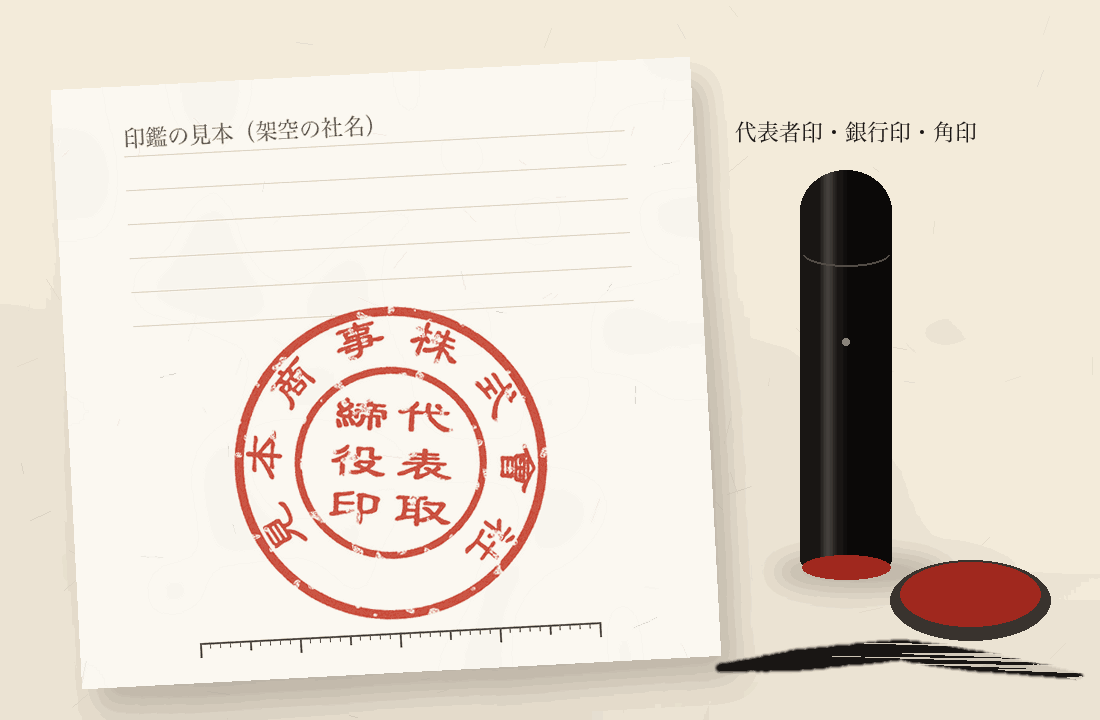 白い紙に押された見本商事株式會社の代表者印の印影と、横に立てた黒い印材と朱肉