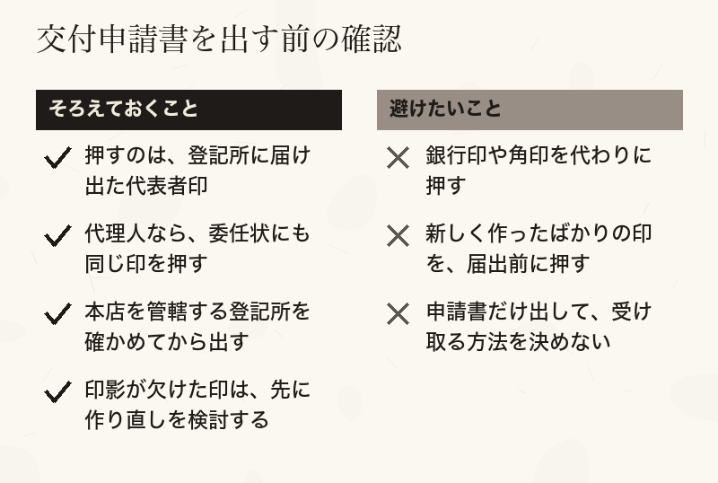 印鑑カード交付申請書で、押す印鑑と代理人の扱いを分けて示したチェックリスト