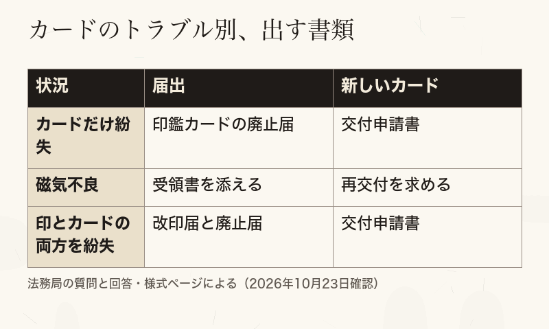 印鑑カードの紛失、磁気不良、印鑑とカードの両方の紛失のそれぞれで、必要な届出と新しいカードの申請を比べた表