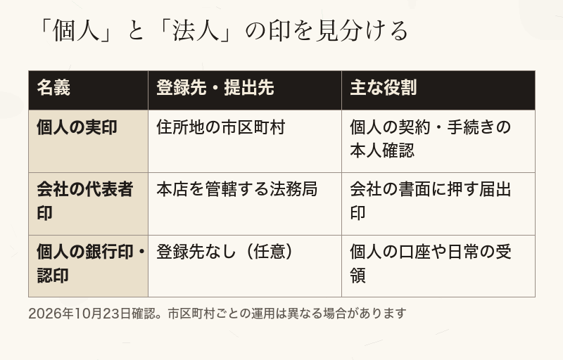 個人の実印、会社の代表者印、個人の銀行印と認印の登録先と役割の比較
