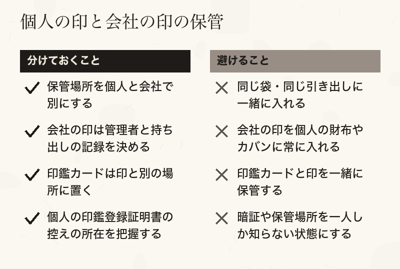 個人の印と会社の印の保管で分けること、避けることの対比