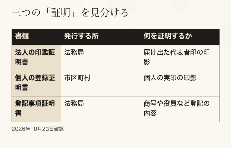 法人の印鑑証明書、個人の登録証明書、登記事項証明書の発行元と証明内容の比較