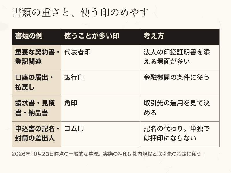 書類の重さごとに、代表者印・銀行印・角印・ゴム印のどれを使うことが多いかを比べた表