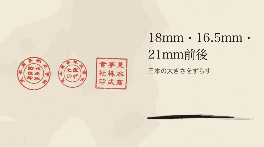 18mm・16.5mm・21mm前後。三本の大きさをずらす