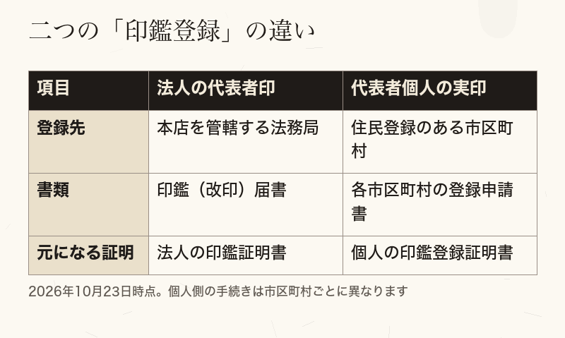 法務局に届ける法人の代表者印と市区町村に登録する個人の実印を、登録先と証明書で比べた表