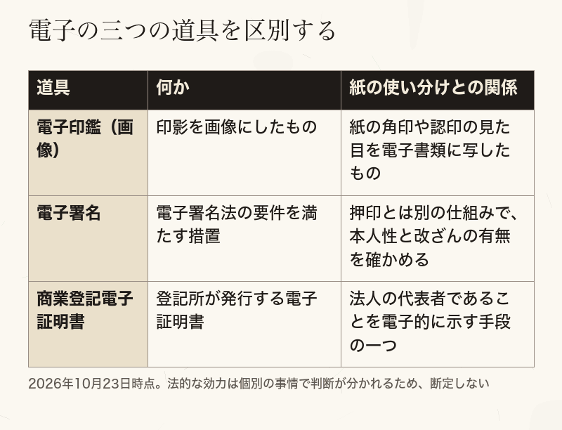 電子印鑑、電子署名、商業登記電子証明書の違いを三行で並べた比較表