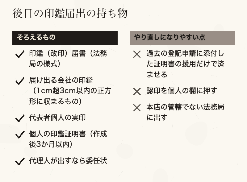 後日に印鑑を届け出るときにそろえるものと、やり直しになりやすい点を分けたチェックリスト