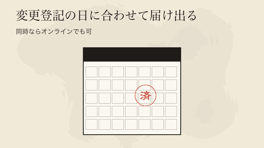 変更登記の日に合わせて届け出る。同時ならオンラインでも可