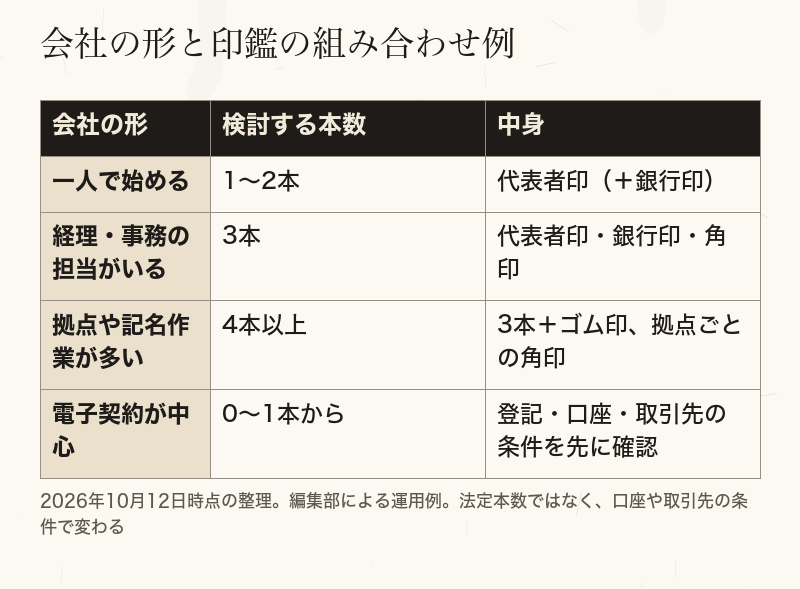 一人会社、担当者がいる会社、拠点が多い会社、電子契約中心の会社ごとに、最初にそろえる印鑑の本数を比べた表