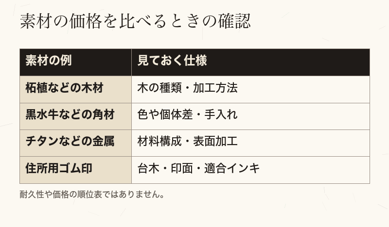 素材ごとに確認したい製品仕様を示した比較表