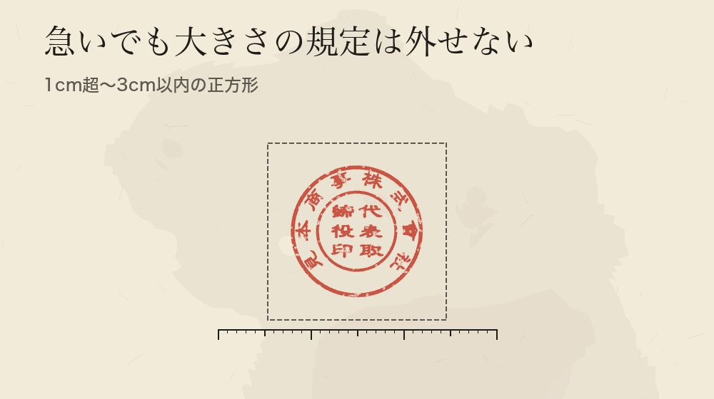 急いでも大きさの規定は外せない。1cm超〜3cm以内の正方形