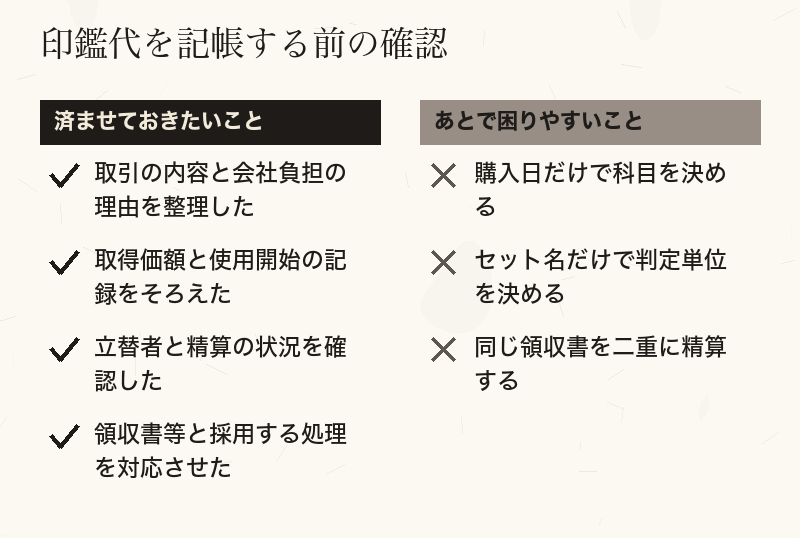 印鑑代を記帳する前に済ませておきたいことと、あとで困りやすいことを分けたチェックリスト