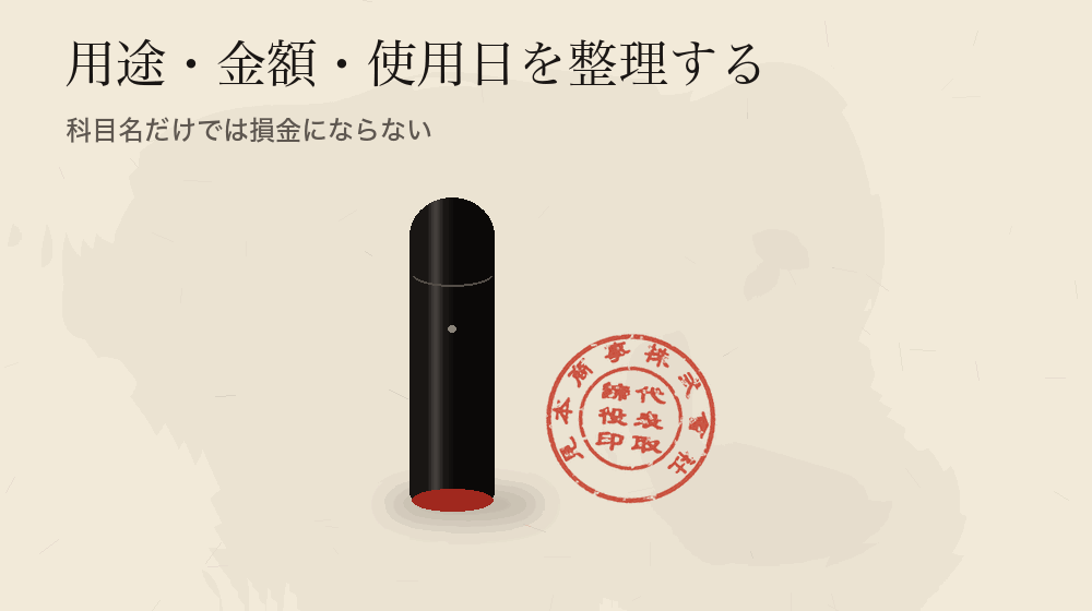 用途・金額・使用日を整理する。科目名だけでは損金にならない