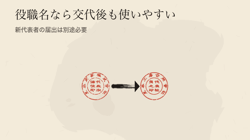 役職名なら交代後も使いやすい。新代表者の届出は別途必要