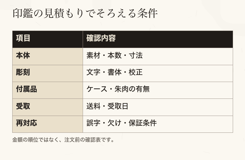 会社設立の印鑑の見積もりで本体、彫刻、付属品、受取、再対応を確かめる表