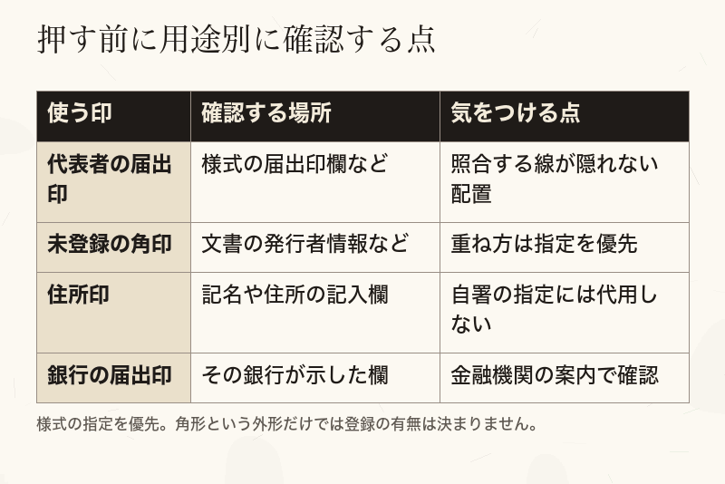 代表者印・角印・ゴム印・銀行印の押す位置と理由を比べた表