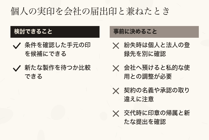 個人の実印を会社の届出印と兼ねたときの利点と起きやすい不便を分けたチェックリスト