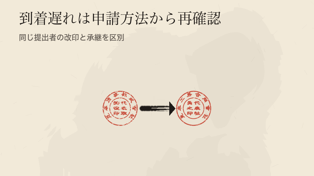 到着遅れは申請方法から再確認。同じ提出者の改印と承継を区別