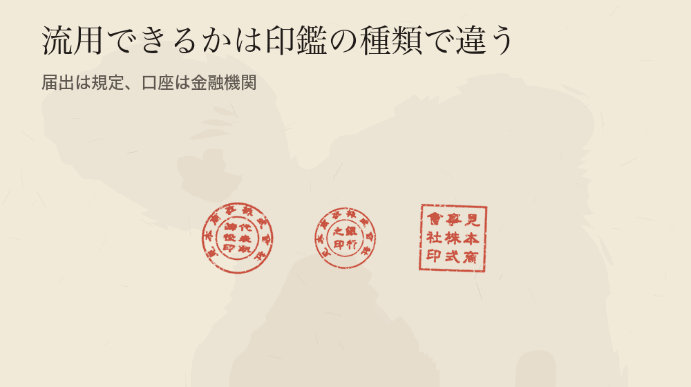 流用できるかは印鑑の種類で違う。届出は規定、口座は金融機関