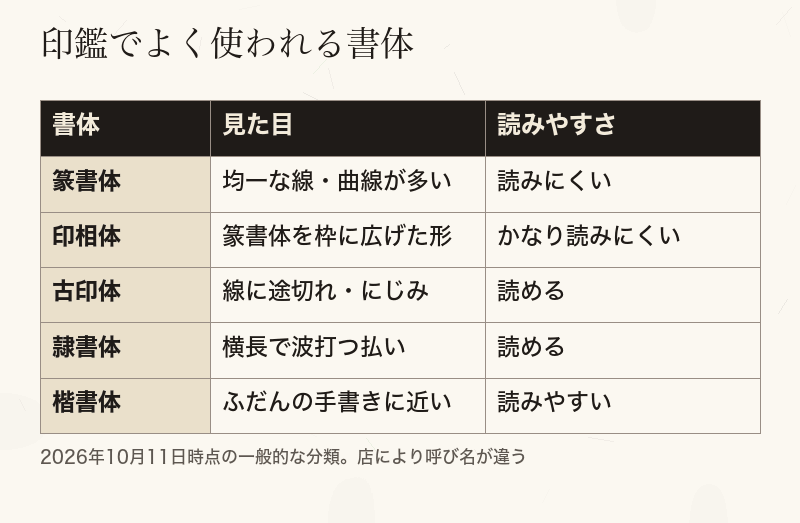 篆書体・印相体・古印体・隷書体・楷書体の見た目と読みやすさを並べた比較表
